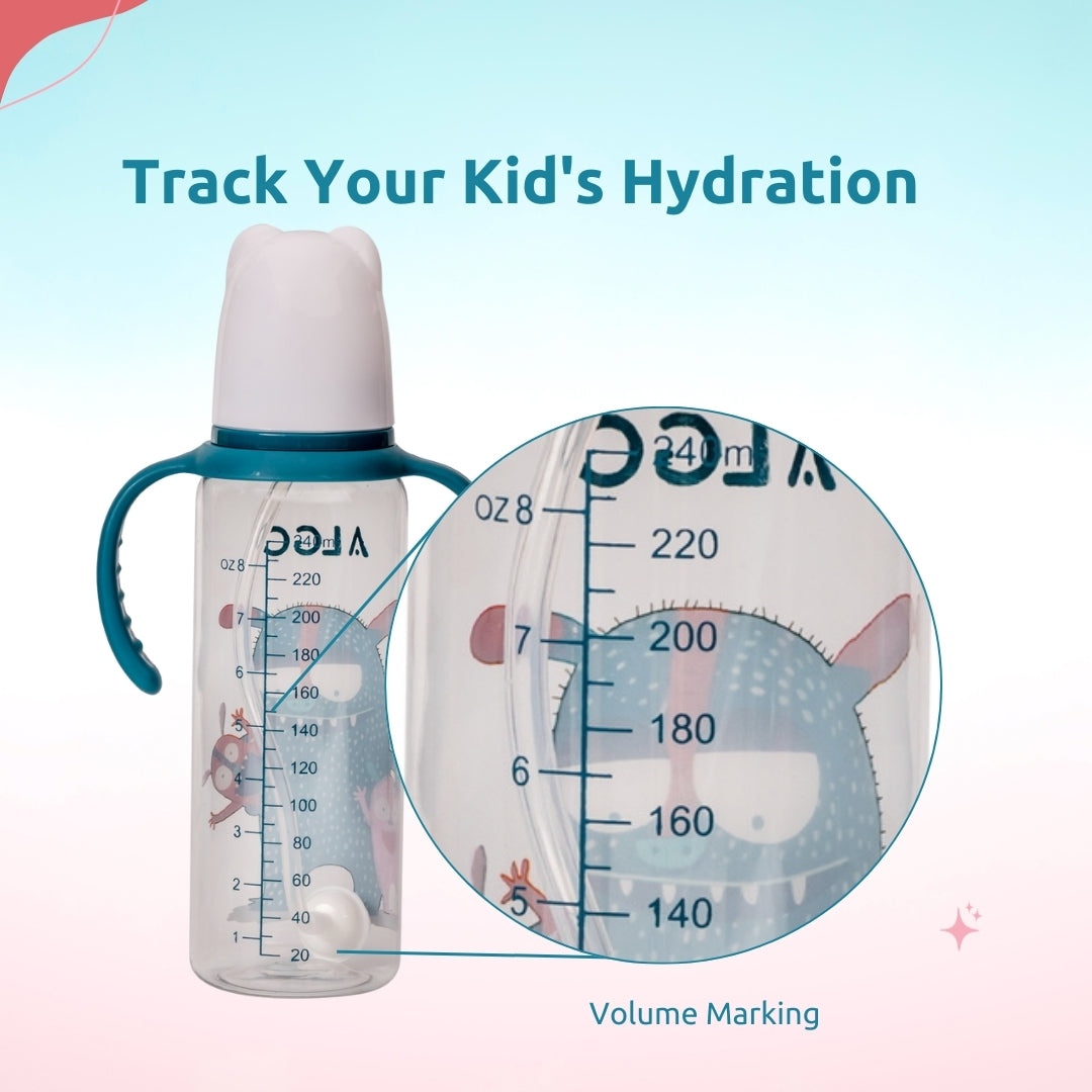 Adore ALGO Snr. 2 in 1 Baby Silicon Spout & Straw Sipper with Gravity Ball & Twin Handle - 250ml - Family Theme Blue