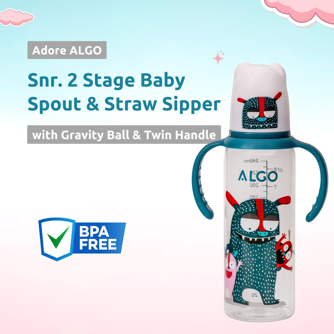 Adore ALGO Snr. 2 in 1 Baby Silicon Spout & Straw Sipper with Gravity Ball & Twin Handle - 250ml - Family Theme Blue