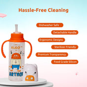 Adore ALGO Snr. 2 in 1 Baby Silicon Spout & Straw Sipper with Gravity Ball & Twin Handle - 250ml- Family Theme Orange