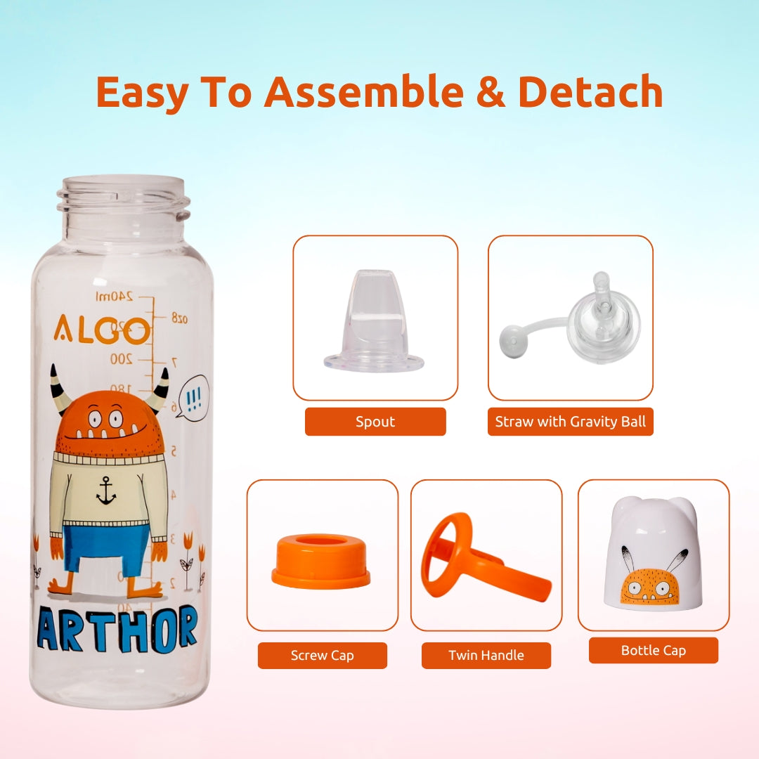 Adore ALGO Snr. 2 in 1 Baby Silicon Spout & Straw Sipper with Gravity Ball & Twin Handle - 250ml- Family Theme Orange