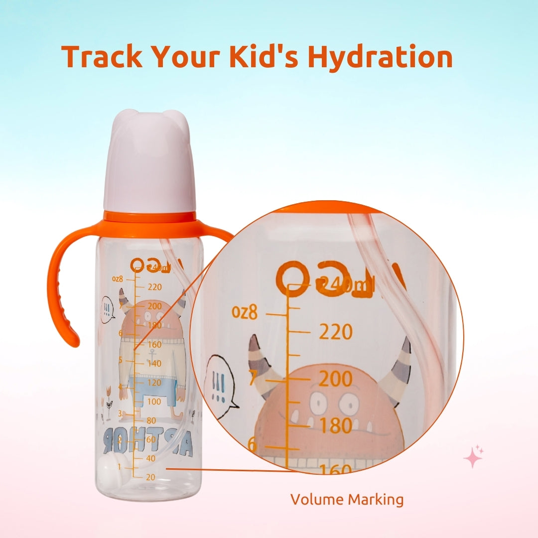 Adore ALGO Snr. 2 in 1 Baby Silicon Spout & Straw Sipper with Gravity Ball & Twin Handle - 250ml- Family Theme Orange