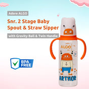 Adore ALGO Snr. 2 in 1 Baby Silicon Spout & Straw Sipper with Gravity Ball & Twin Handle - 250ml- Family Theme Orange