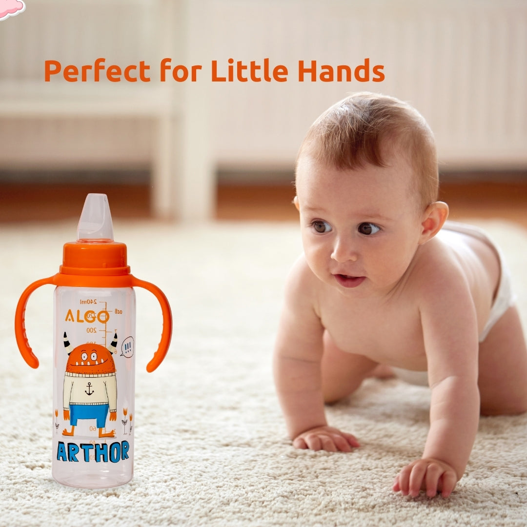 Adore ALGO Snr. 2 in 1 Baby Silicon Spout & Straw Sipper with Gravity Ball & Twin Handle - 250ml- Family Theme Orange