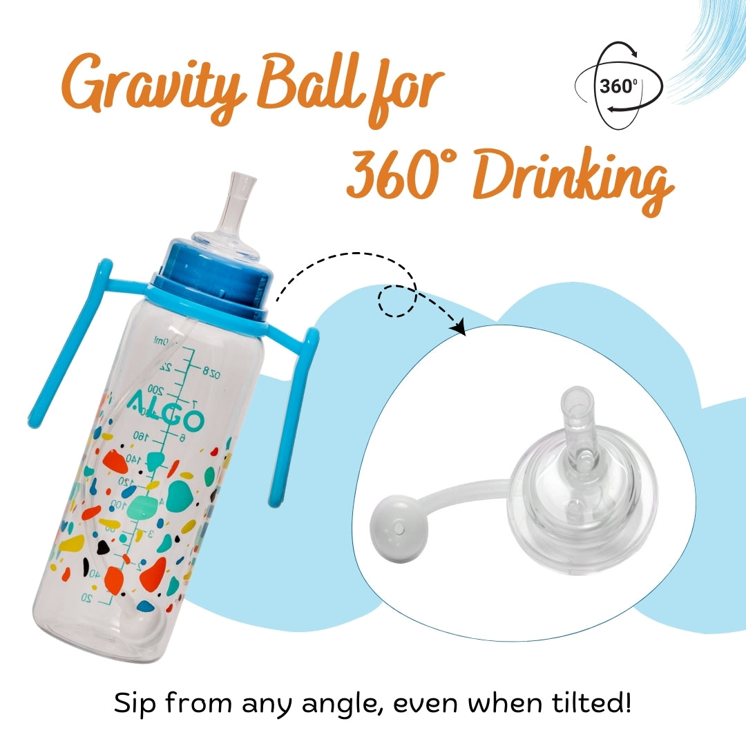 Adore ALGO - Twister  Handle 2 in 1 Baby Silicon Spout & Straw Sipper with Gravity Ball & Twin Handle - 250ml- Blue