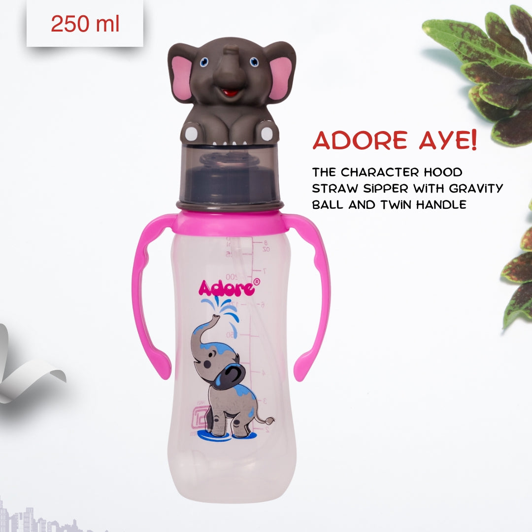 Adore AYE! The Character Hood Straw Sipper with Gravity Ball and Twin Handle 250ml- Grey Elephant