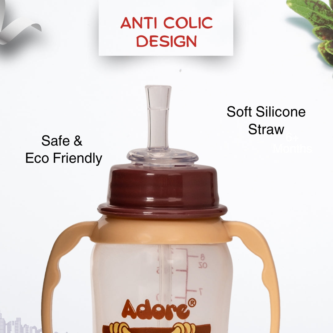 Adore AYE! The Character Hood Straw Sipper with Gravity Ball and Twin Handle 250ml- Brown Monkey
