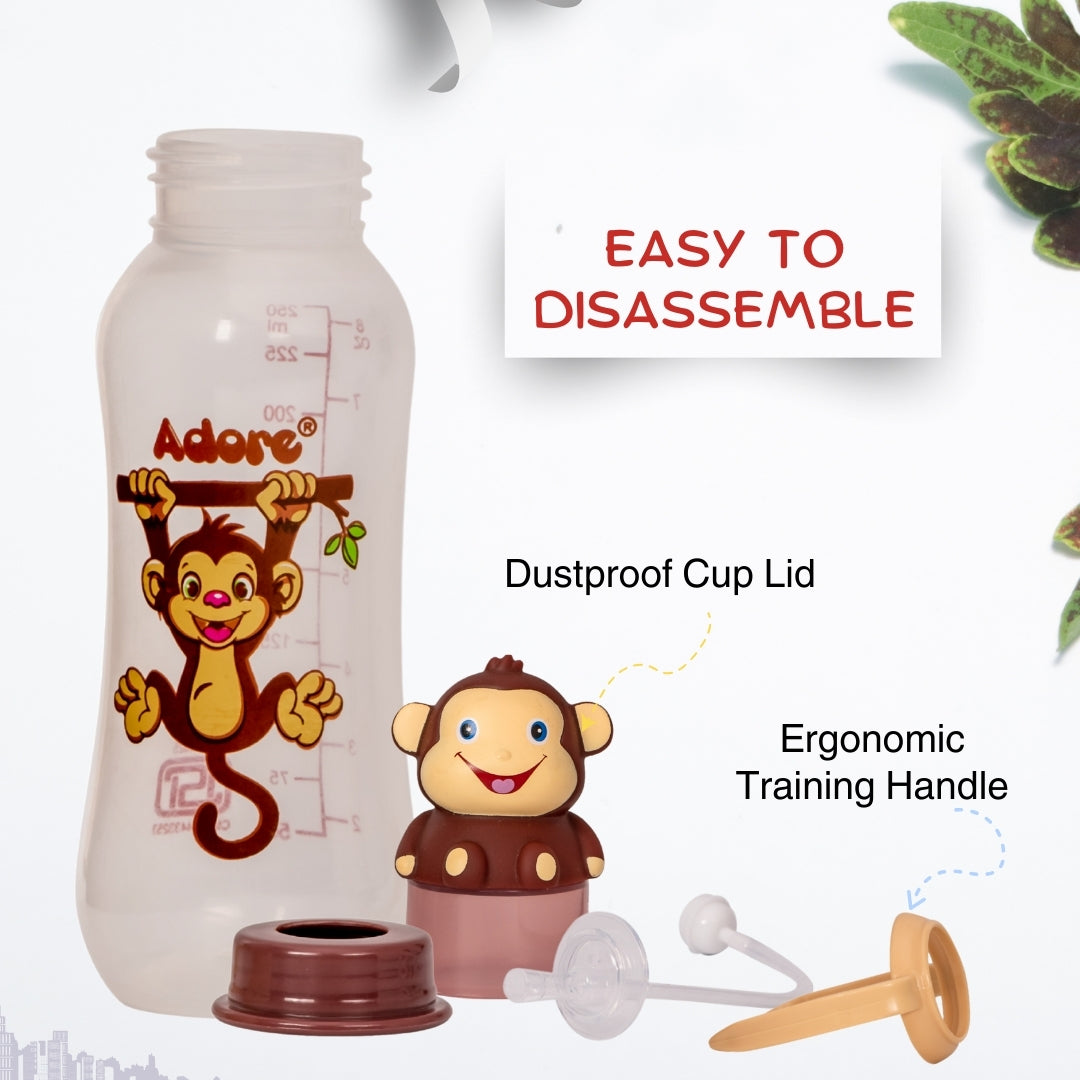 Adore AYE! The Character Hood Straw Sipper with Gravity Ball and Twin Handle 250ml- Brown Monkey