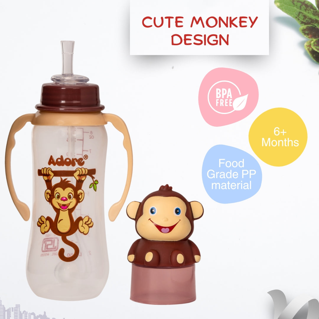 Adore AYE! The Character Hood Straw Sipper with Gravity Ball and Twin Handle 250ml- Brown Monkey