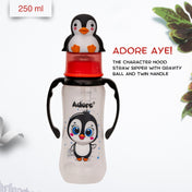 Adore AYE! The Character Hood Straw Sipper with Gravity Ball and Twin Handle 250ml- Black Penguin