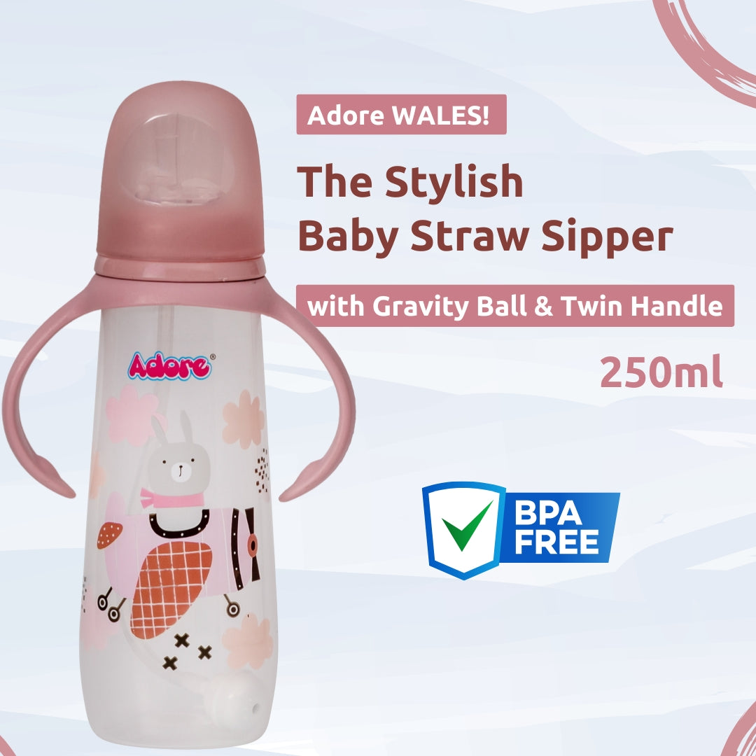 Adore WALES! The Stylish Baby Straw Sipper with Gravity Ball & Twin Handle 250ml- Pink