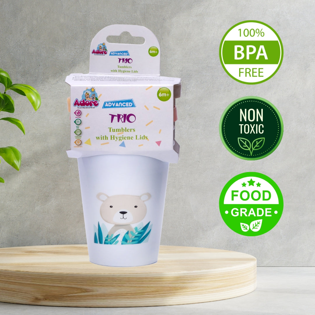 Adore Trio- Spill Proof Tumbler with Lid- Pack of 3- Each 200ml - White Combo