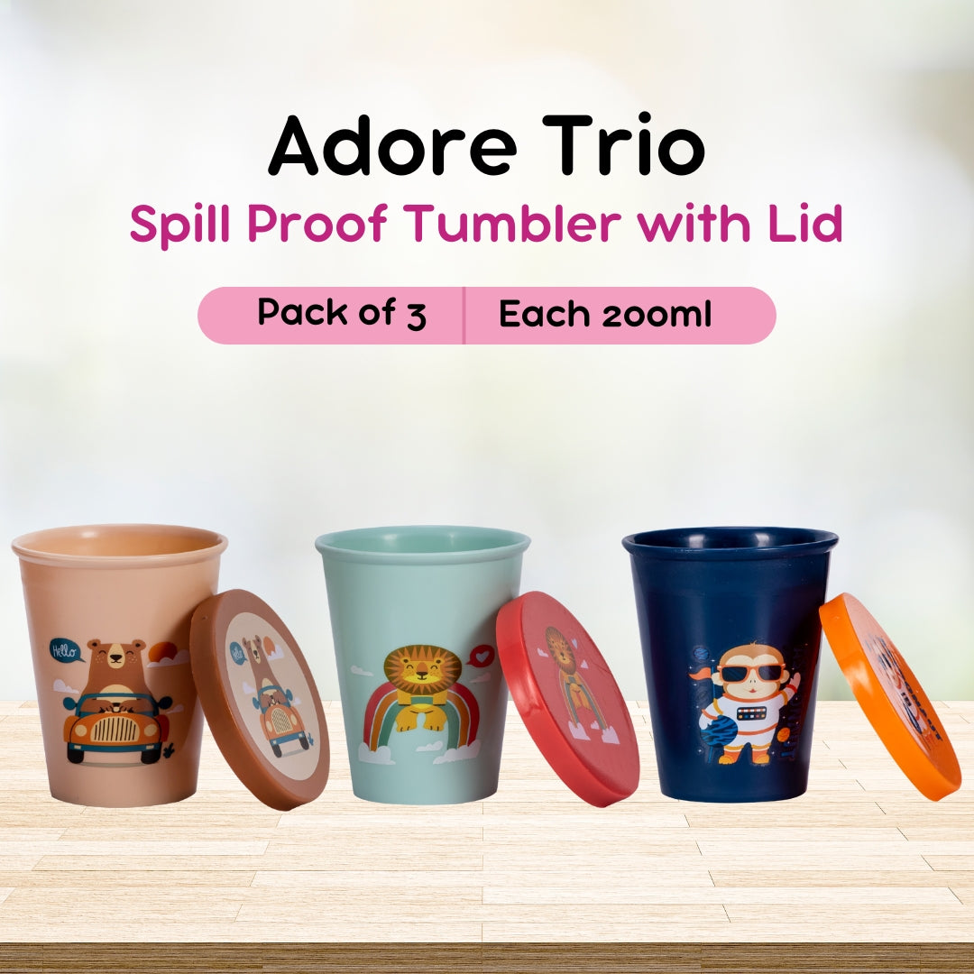 Adore Trio- Spill Proof Tumbler with Lid- Pack of 3- Each 200ml - Black Combo
