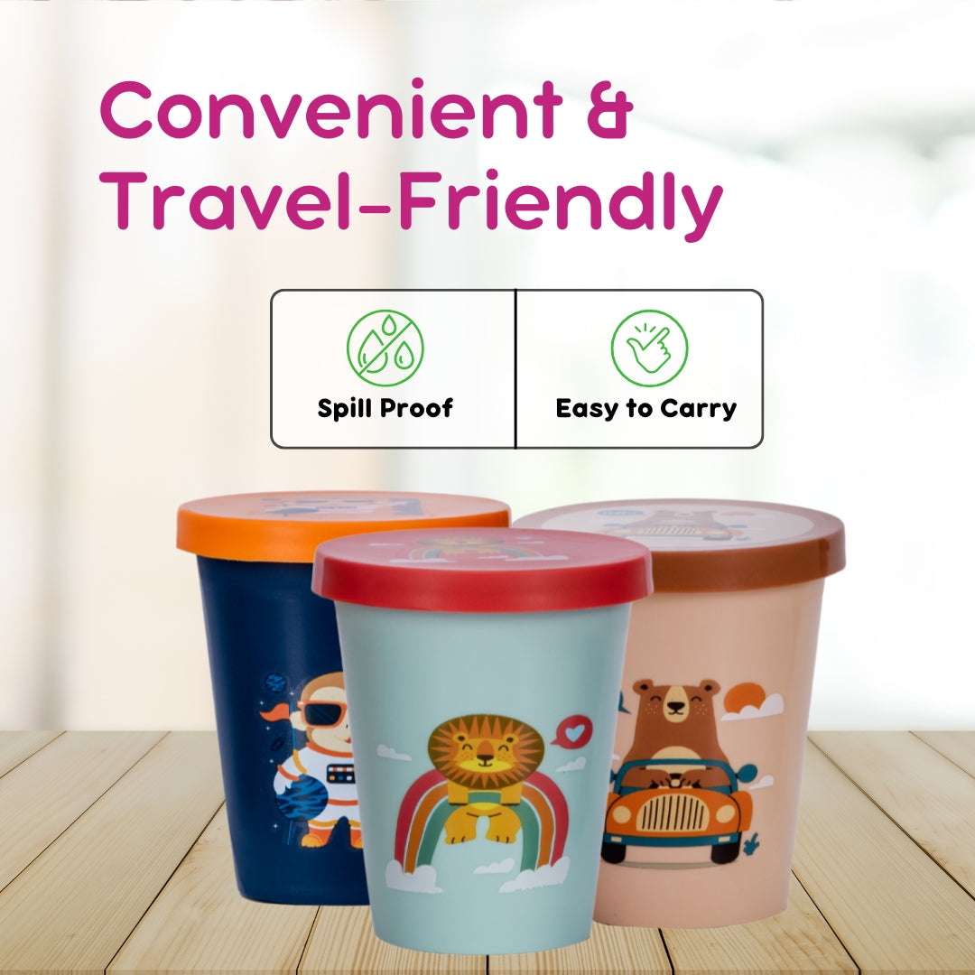 Adore Trio- Spill Proof Tumbler with Lid- Pack of 3- Each 200ml - Black Combo