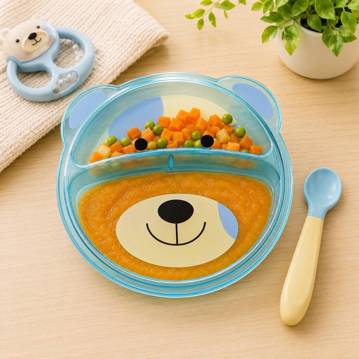 Adore Binge-The Teddy Designed Feeding Plate with Partition- Green