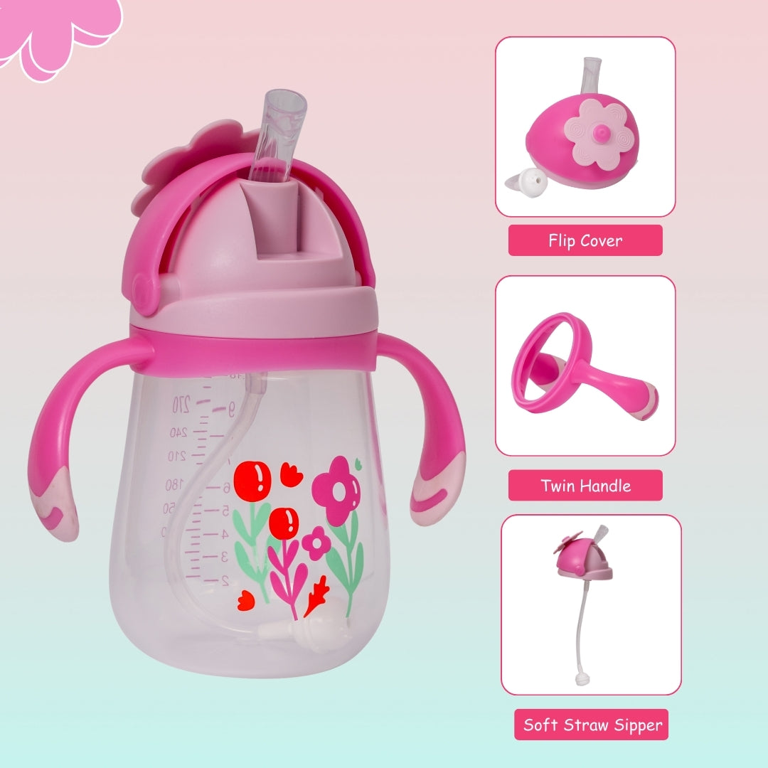 Adore Flora! Baby Straw Sipper with Gravity Ball & Twin Handle-300ml- Pink