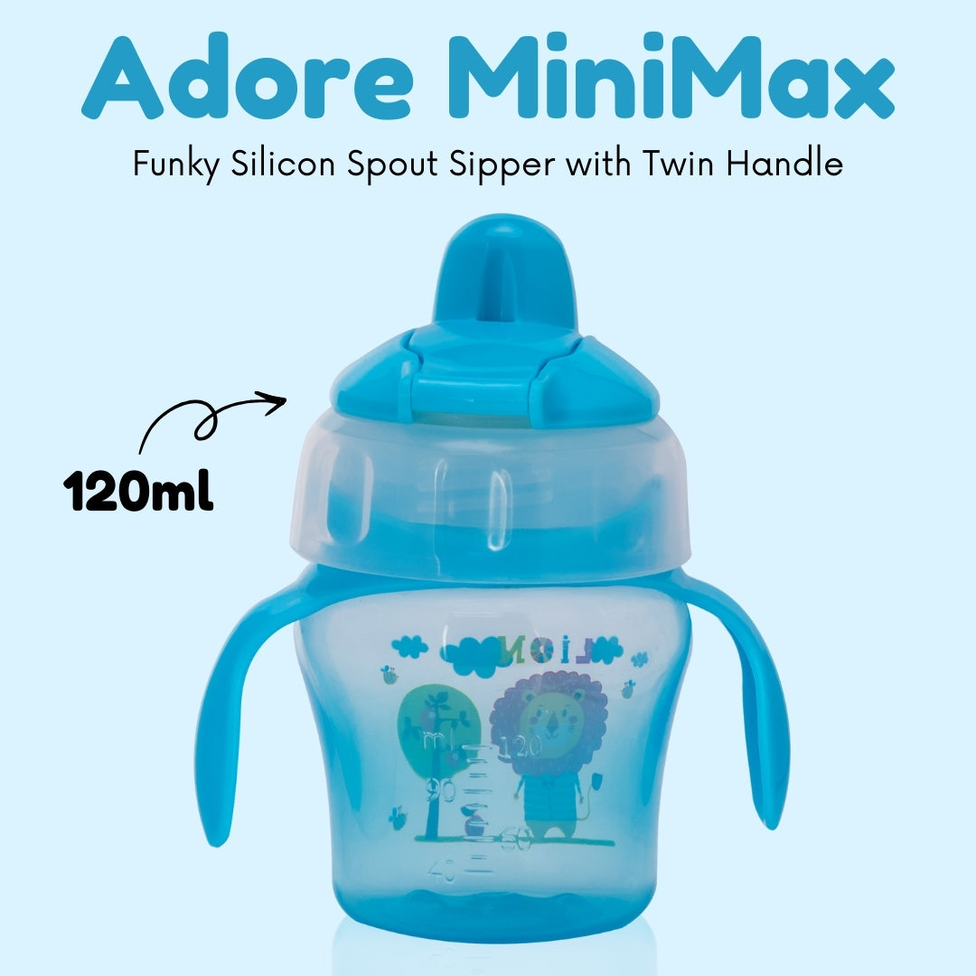 Adore MiniMax! The Funky Silicon Spout Sipper with Twin Handle- 120ml-Blue