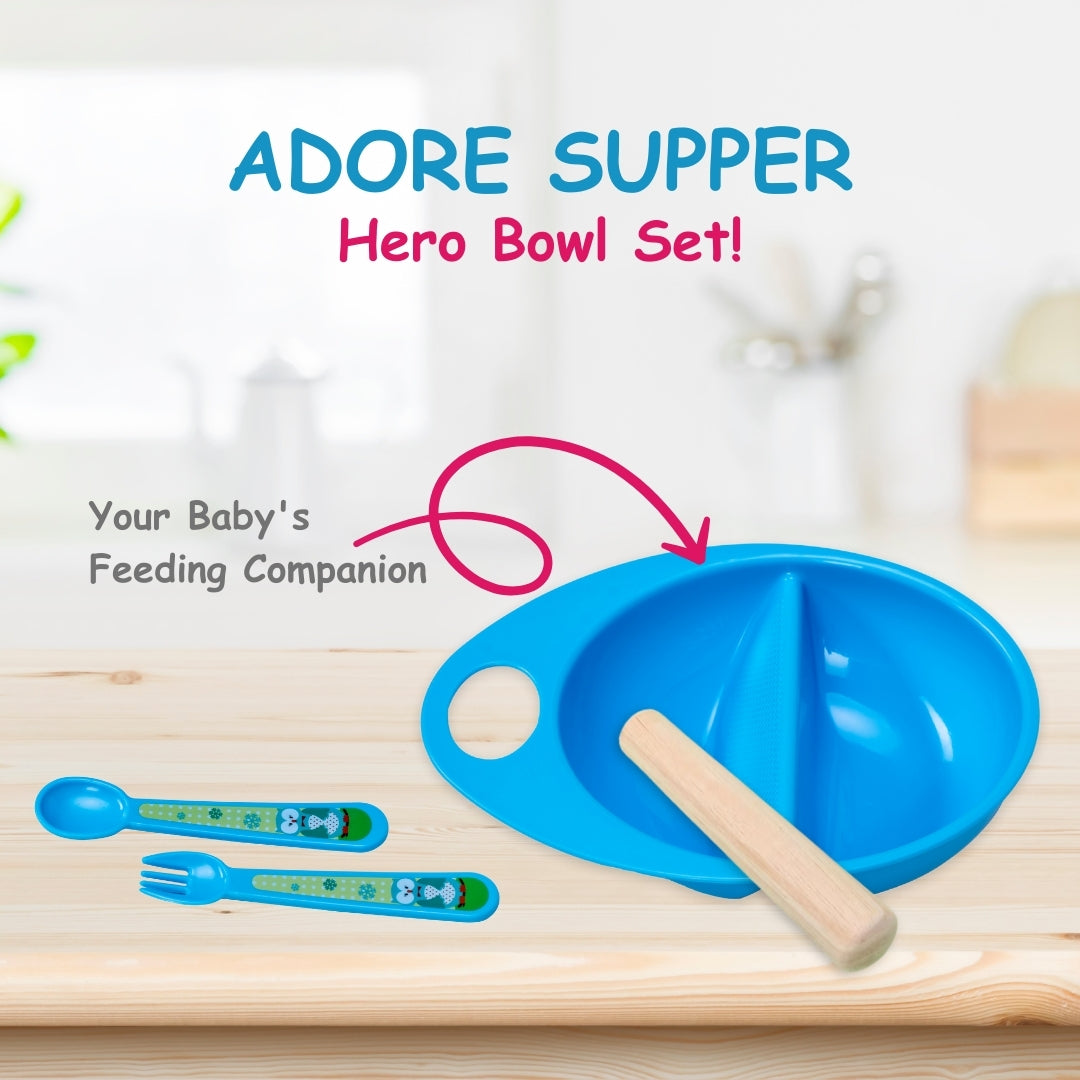 Adore Supper Hero Feeding Bowl with Spoon, Fork & Wooden Masher- Blue