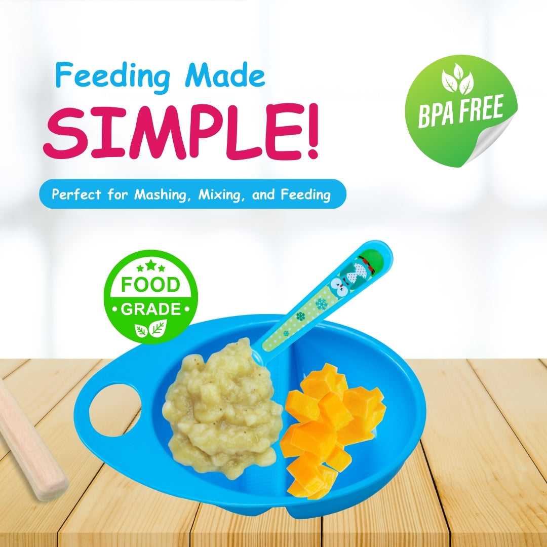 Adore Supper Hero Feeding Bowl with Spoon, Fork & Wooden Masher- Blue