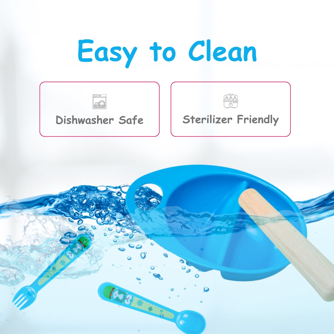 Adore Supper Hero Feeding Bowl with Spoon, Fork & Wooden Masher- Blue