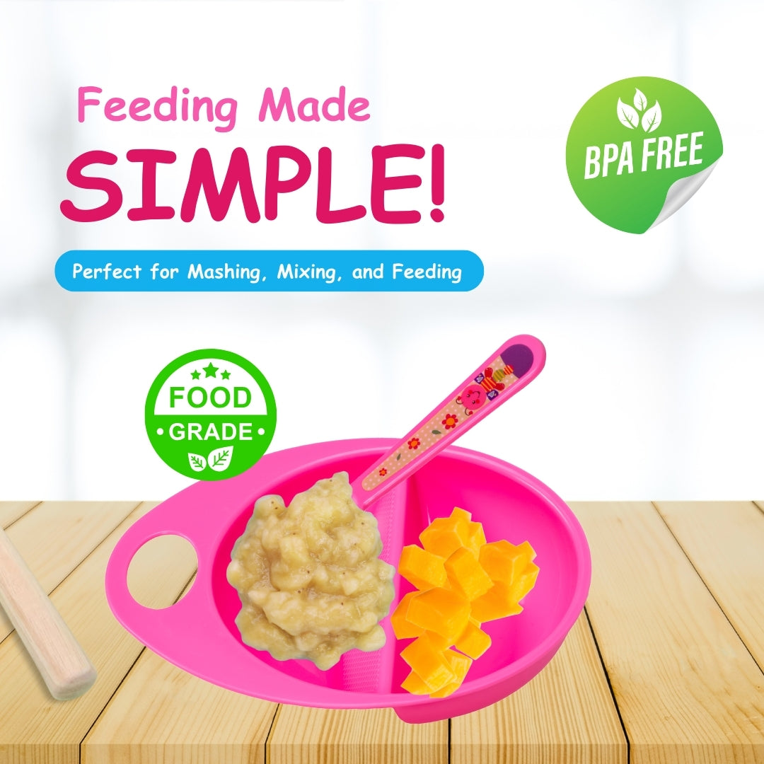 Adore Supper Hero Feeding Bowl with Spoon, Fork & Wooden Masher- Pink