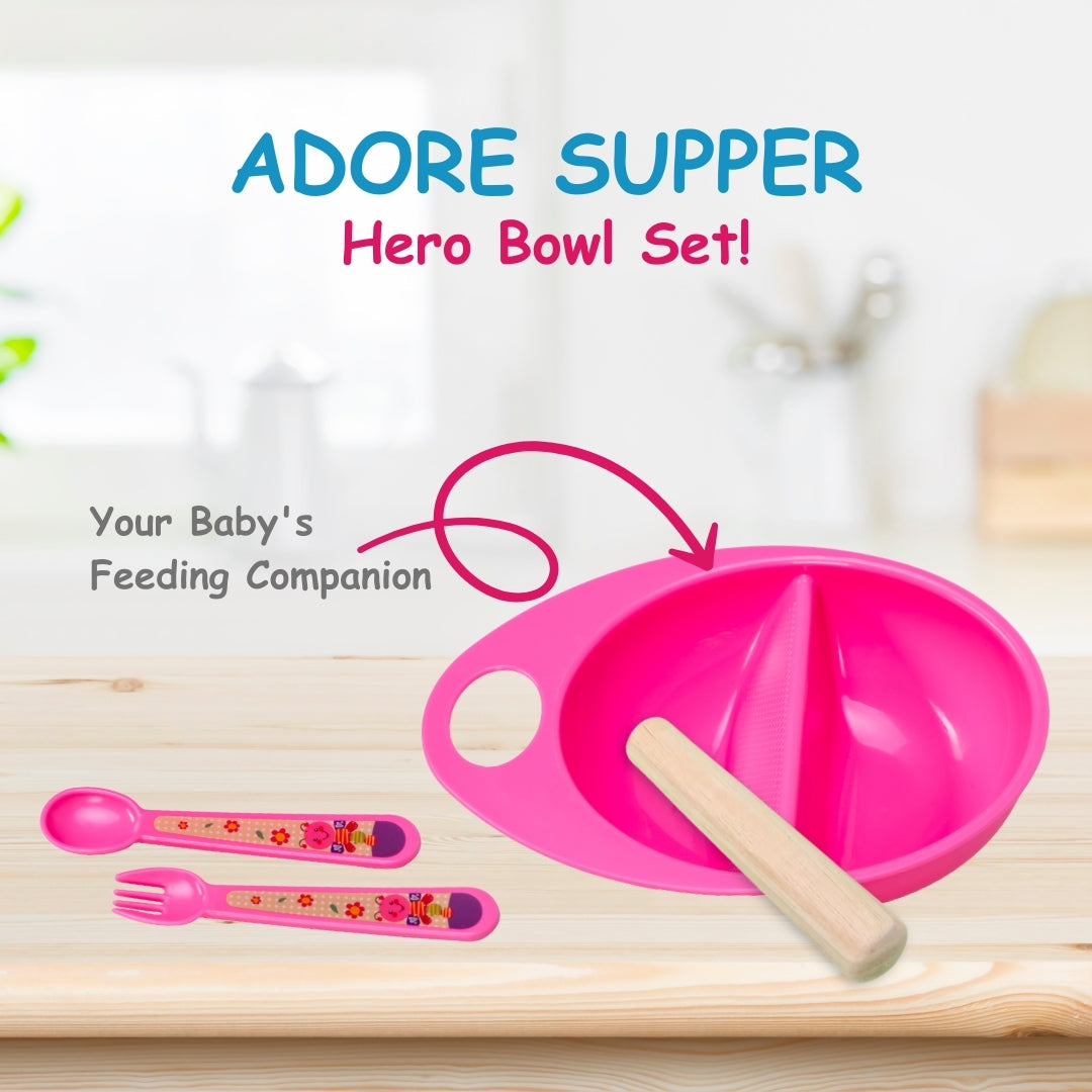 Adore Supper Hero Feeding Bowl with Spoon, Fork & Wooden Masher- Pink