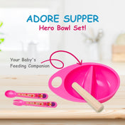 Adore Supper Hero Feeding Bowl with Spoon, Fork & Wooden Masher- Pink