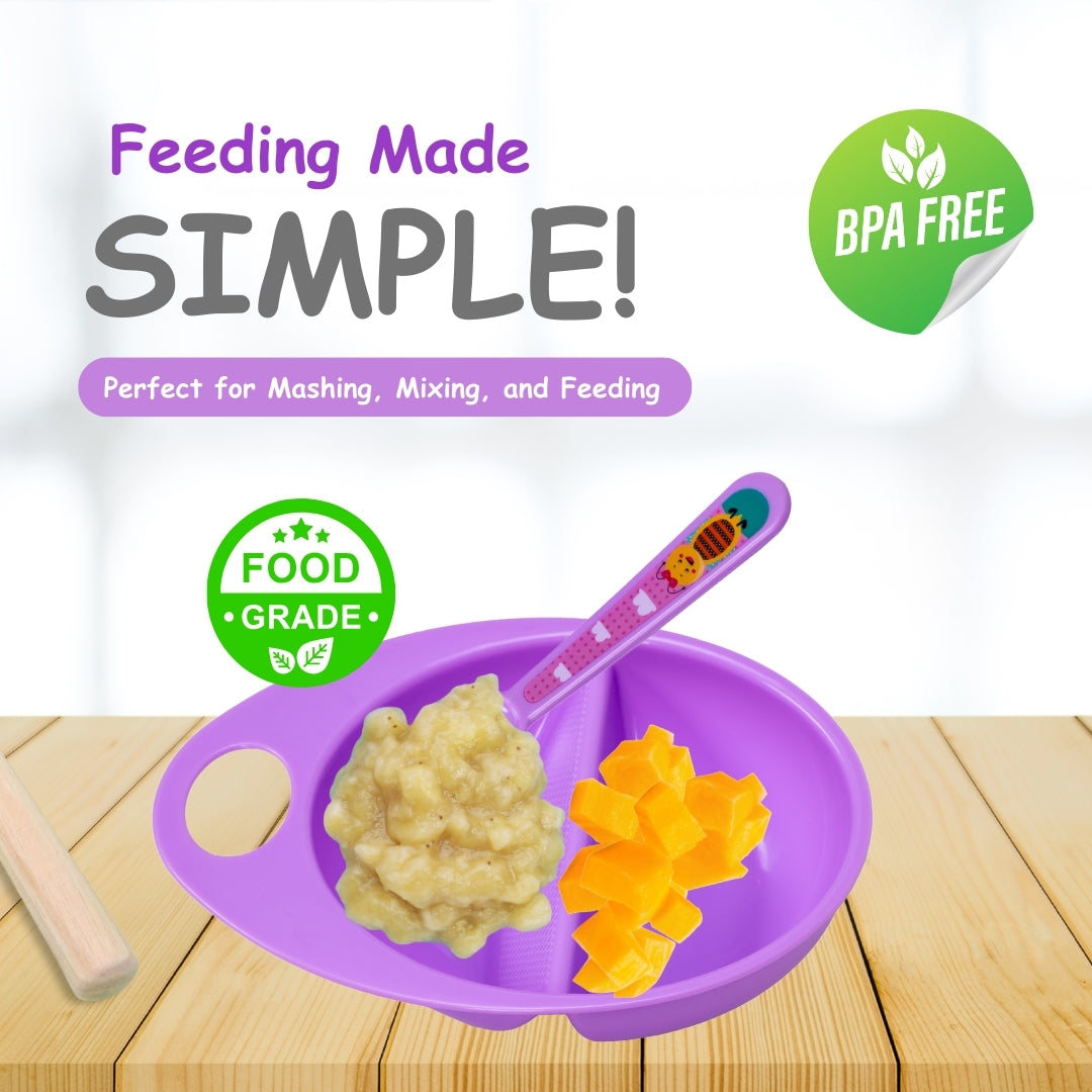 Adore Supper Hero Feeding Bowl with Spoon, Fork & Wooden Masher- Purple