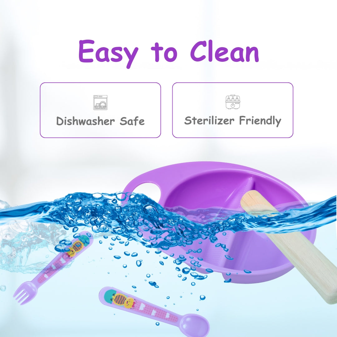 Adore Supper Hero Feeding Bowl with Spoon, Fork & Wooden Masher- Purple
