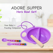 Adore Supper Hero Feeding Bowl with Spoon, Fork & Wooden Masher- Purple