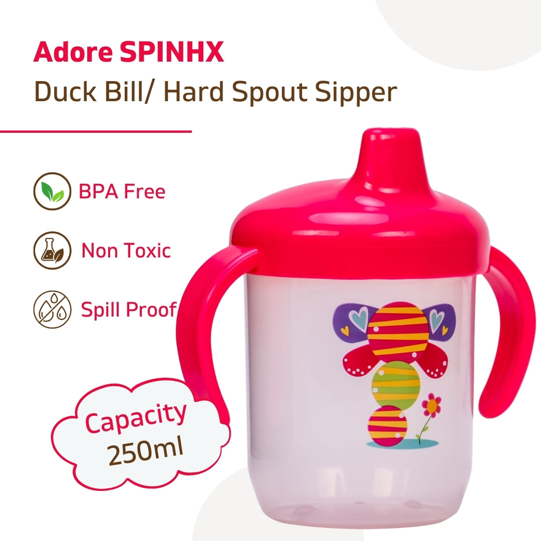 Adore SPINHX Duck Bill/ Hard Spout Sipper with Twin Handle & Hygiene Cap- 250ml- Pink