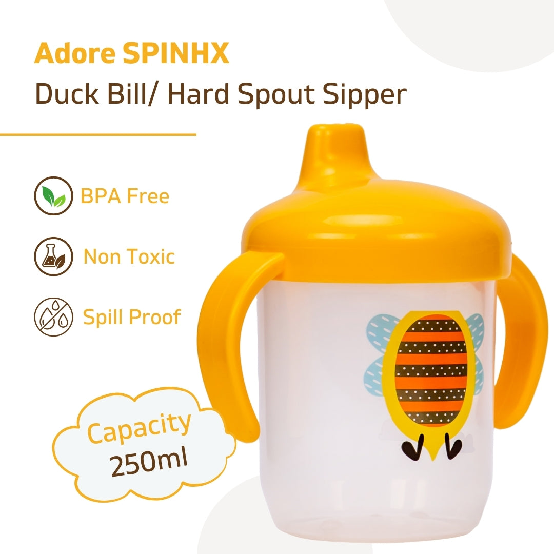 Adore SPINHX Duck Bill/ Hard Spout Sipper with Twin Handle & Hygiene Cap- 250ml- Yellow