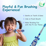 Adore Wroom F1 Car Theme Toothbrush with Moomba Tongue Cleaner- Pack of 2 Blue