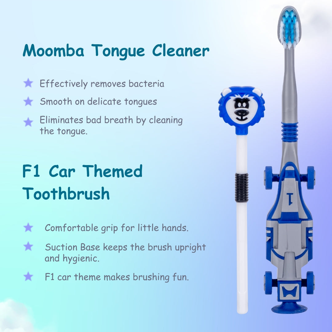 Adore Wroom F1 Car Theme Toothbrush with Moomba Tongue Cleaner- Pack of 2 Blue