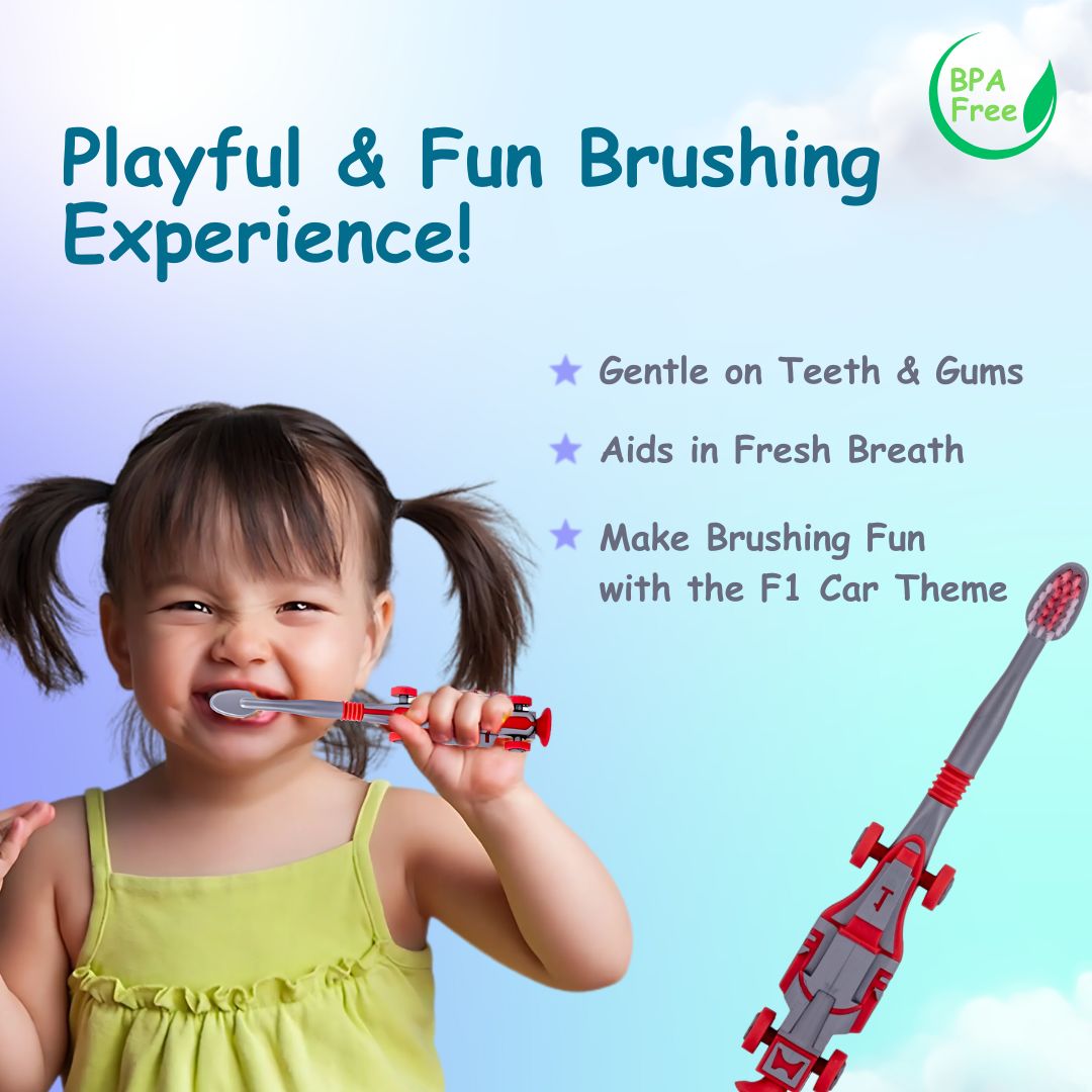 Adore Wroom F1 Car Theme Toothbrush with Moomba Tongue Cleaner- Pack of 2 Red