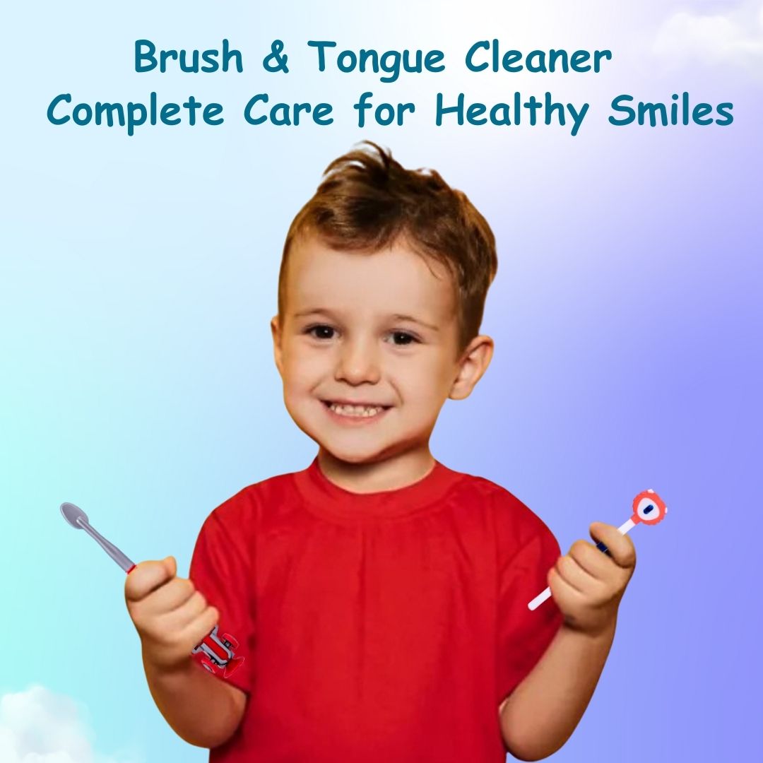 Adore Wroom F1 Car Theme Toothbrush with Moomba Tongue Cleaner- Pack of 2 Red