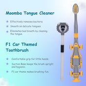 Adore Wroom F1 Car Theme Toothbrush with Moomba Tongue Cleaner- Pack of 2 Yellow