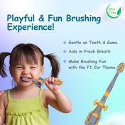 Adore Wroom F1 Car Theme Toothbrush with Moomba Tongue Cleaner- Pack of 2 Yellow