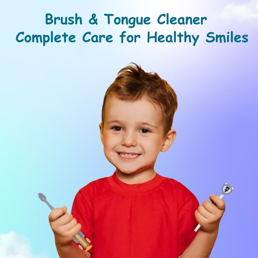 Adore Wroom F1 Car Theme Toothbrush with Moomba Tongue Cleaner- Pack of 2 Yellow