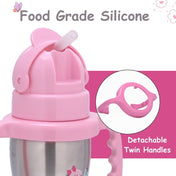 Adore Gracious! Stainless Steel Straw Sipper with Twin Handle 290ml- Pink Dino