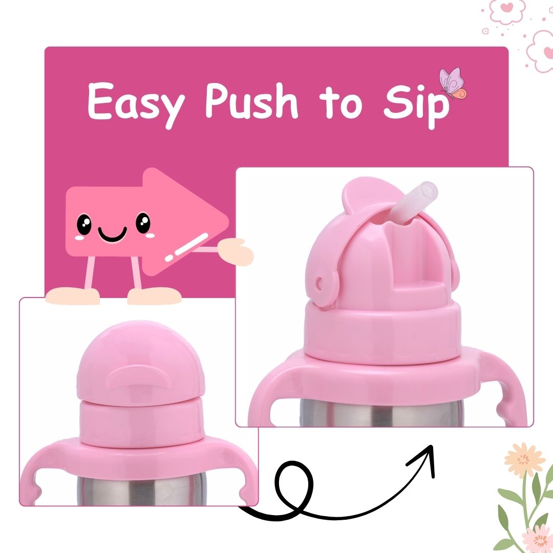 Adore Gracious! Stainless Steel Straw Sipper with Twin Handle 290ml- Pink Dino