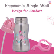Adore Gracious! Stainless Steel Straw Sipper with Twin Handle 290ml- Pink Dino