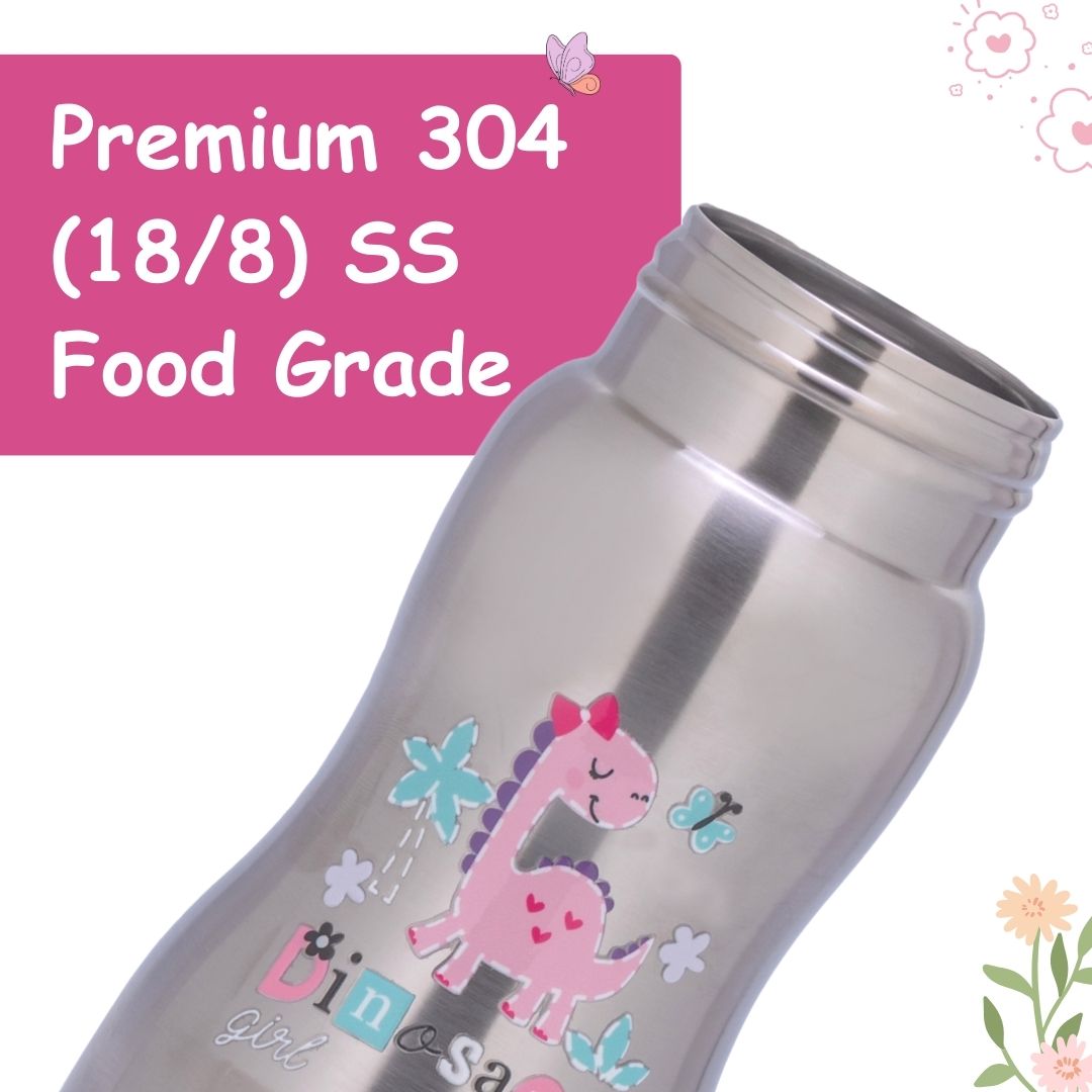 Adore Gracious! Stainless Steel Straw Sipper with Twin Handle 290ml- Pink Dino