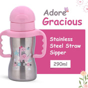 Adore Gracious! Stainless Steel Straw Sipper with Twin Handle 290ml- Pink Dino