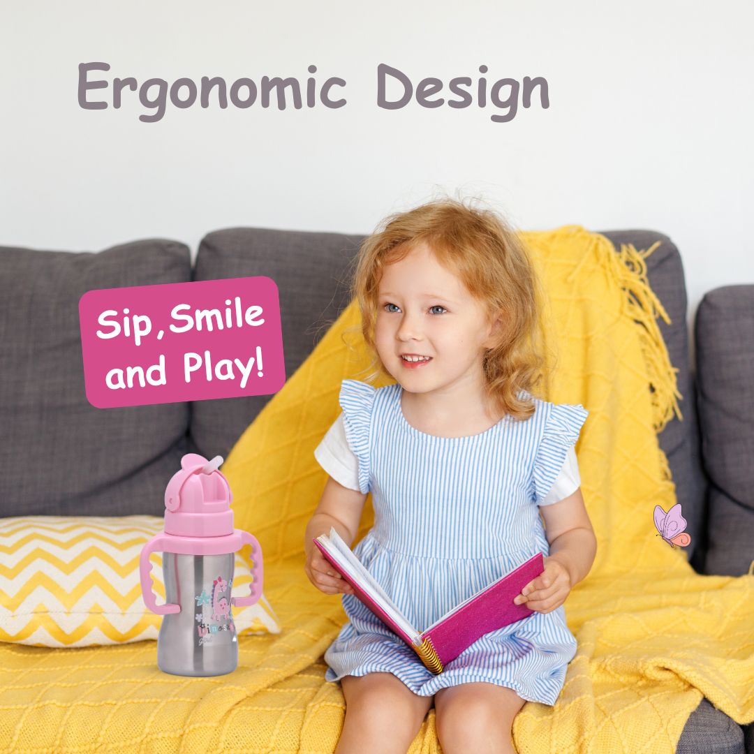 Adore Gracious! Stainless Steel Straw Sipper with Twin Handle 290ml- Pink Dino