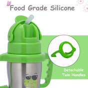 Adore Gracious! Stainless Steel Straw Sipper with Twin Handle 290ml- Green Dino