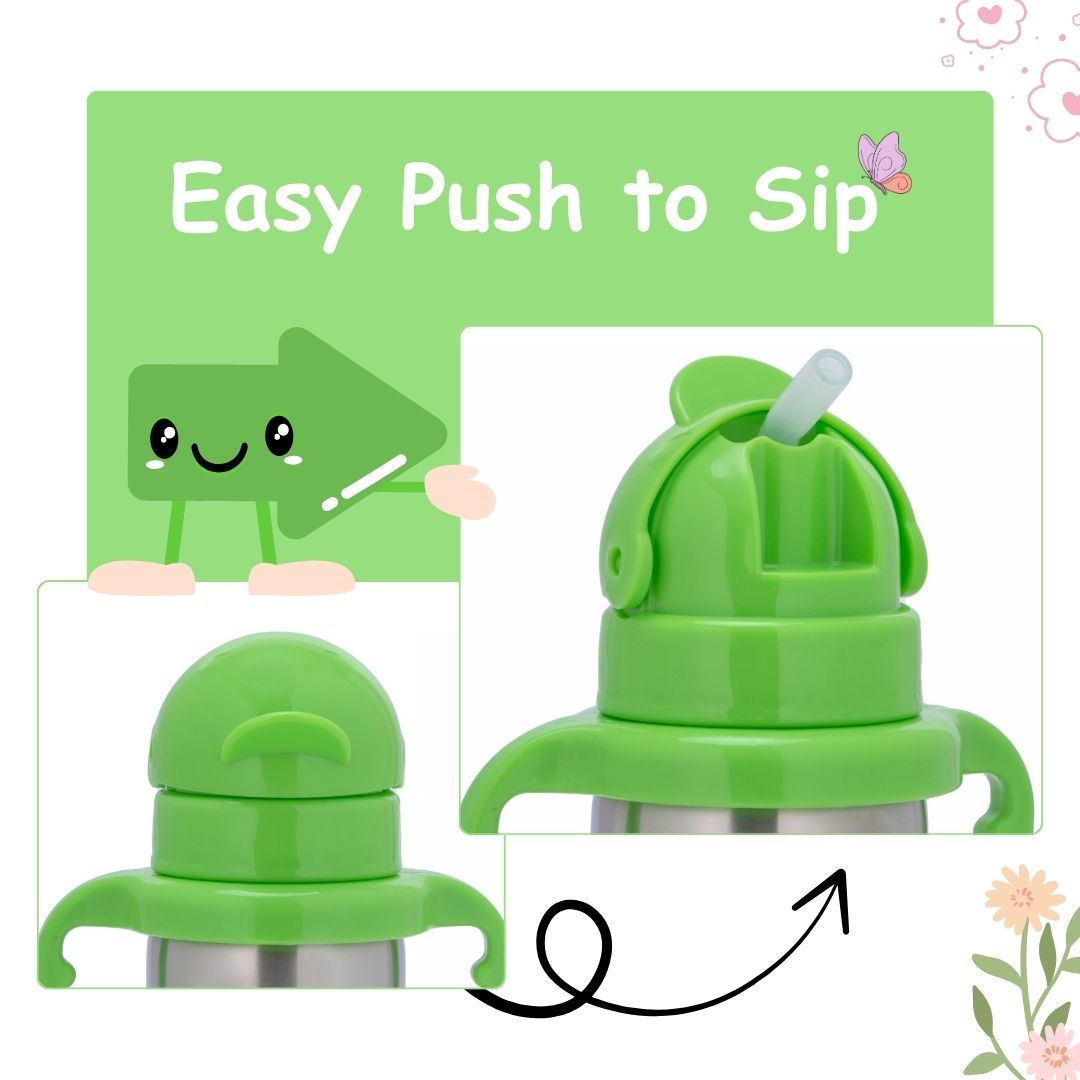 Adore Gracious! Stainless Steel Straw Sipper with Twin Handle 290ml- Green Dino