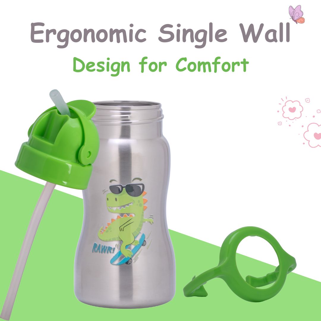 Adore Gracious! Stainless Steel Straw Sipper with Twin Handle 290ml- Green Dino