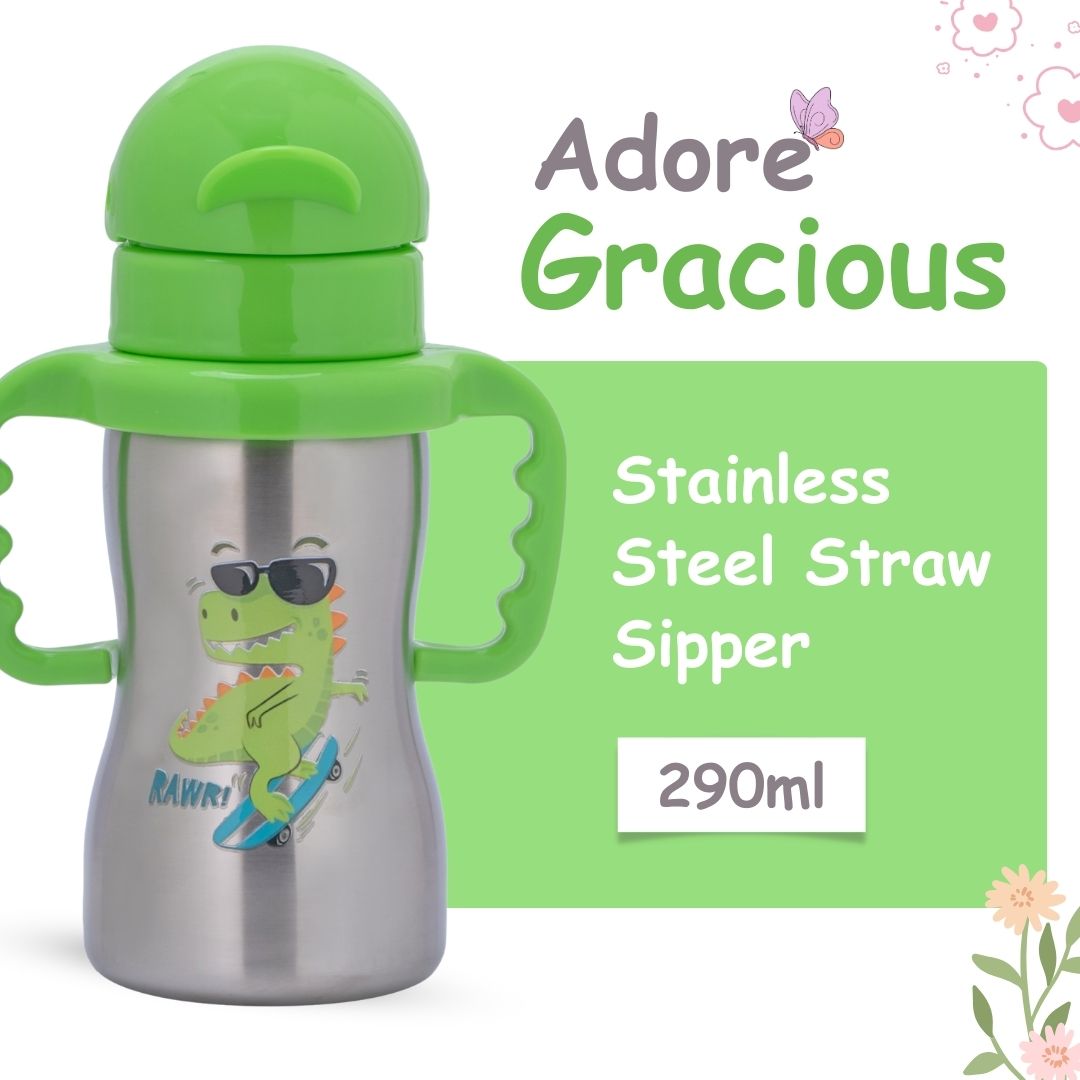 Adore Gracious! Stainless Steel Straw Sipper with Twin Handle 290ml- Green Dino