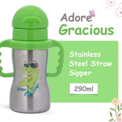 Adore Gracious! Stainless Steel Straw Sipper with Twin Handle 290ml- Green Dino