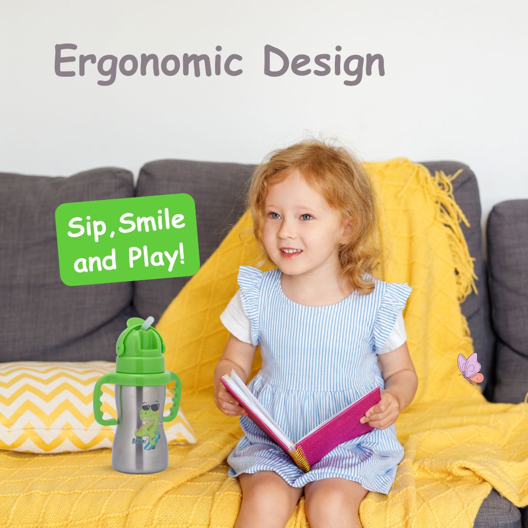 Adore Gracious! Stainless Steel Straw Sipper with Twin Handle 290ml- Green Dino